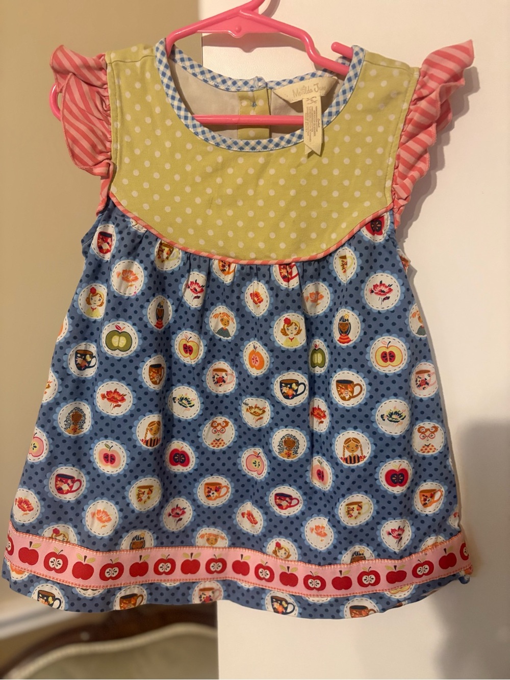 Matilda Jane Blue Apple Patchwork top with Pink Ruffle Sleeves